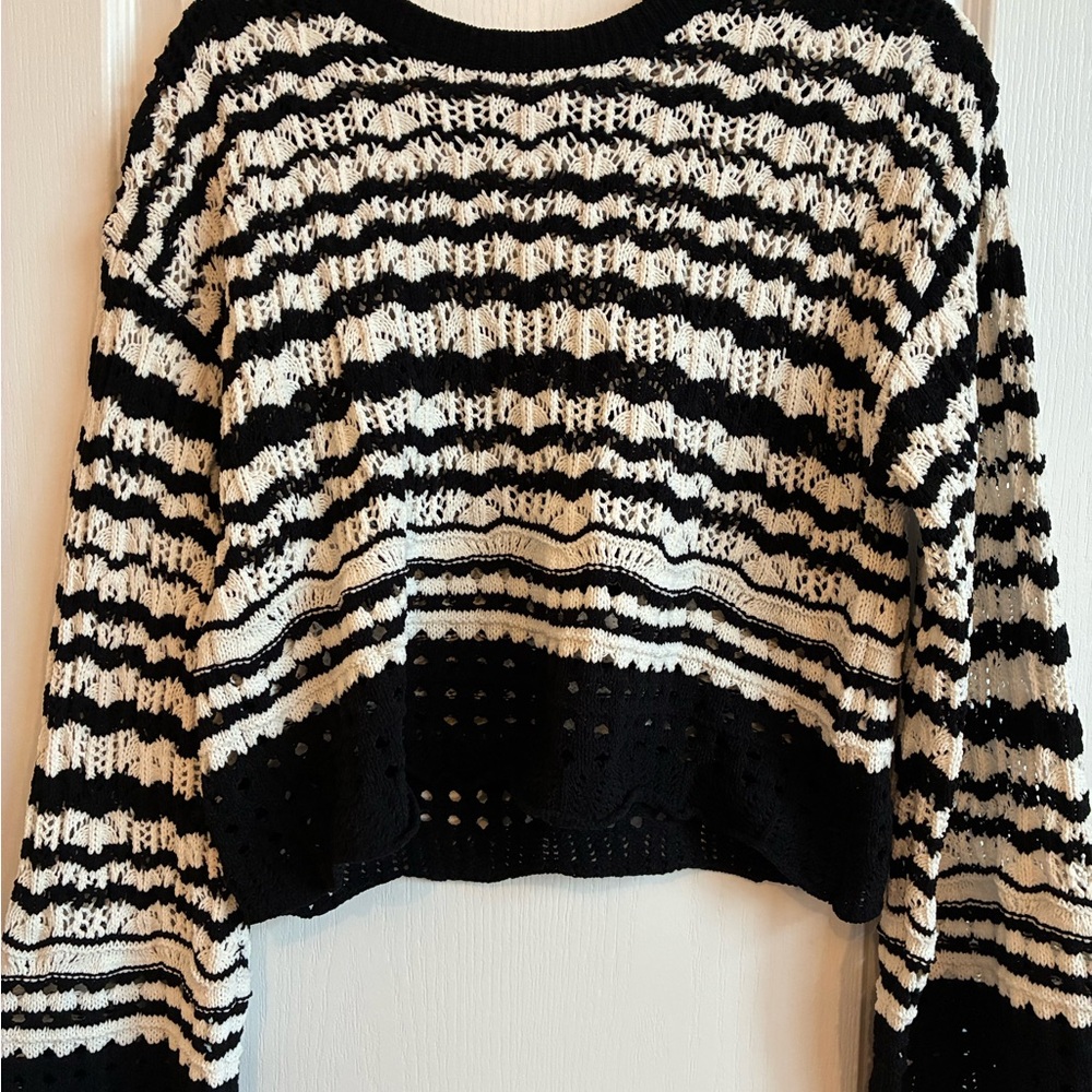 Laundry Black and White Striped Crochet Sweater